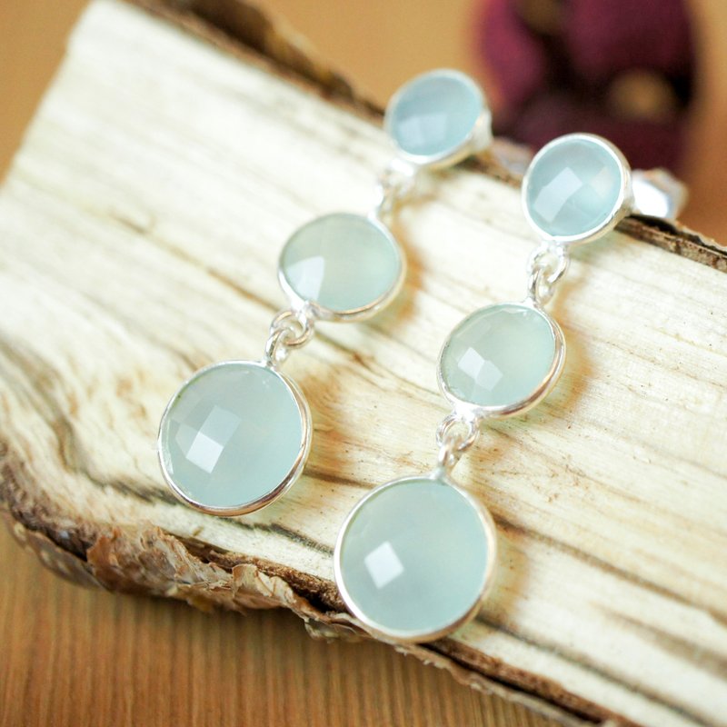 圆形玫瑰刻蓝色石英纯银长耳环 - 耳环/耳夹 - 宝石 蓝色