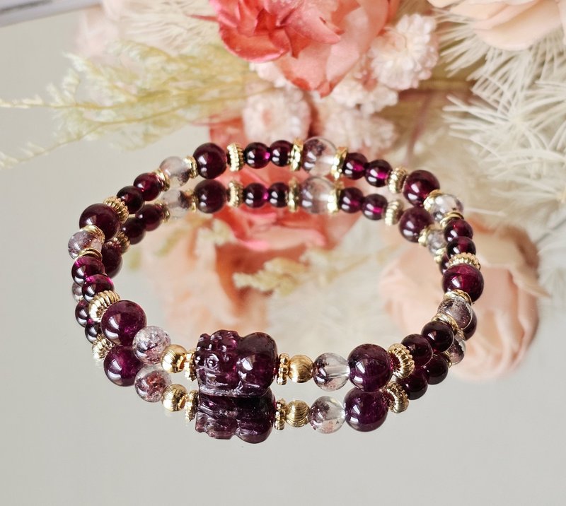 红羽之韵-美品紫牙乌貔貅款/紫牙乌红石榴//超七毒液/丰盛/海底轮 - 手链/手环 - 水晶 红色