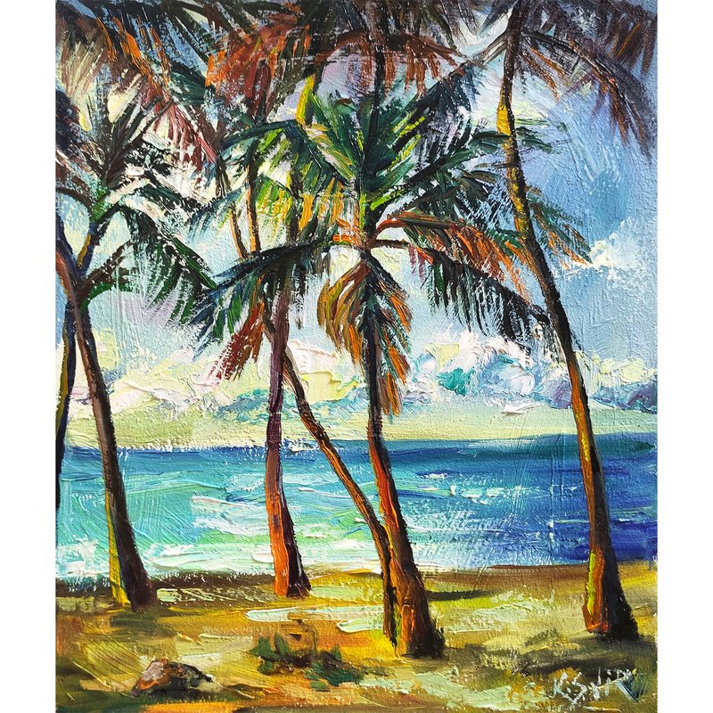 Riyuewan Beach Painting Palm Tree Original Art Hainan Painting Coastal Wall Art - 海报/装饰画/版画 - 其他材质 多色