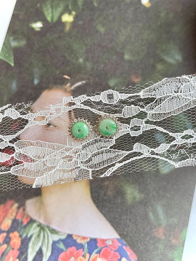 售天然缅甸翡翠-老坑飘花平安扣翡翠14k包金耳环 礼物 天然石 - 耳环/耳夹 - 玉石 金色