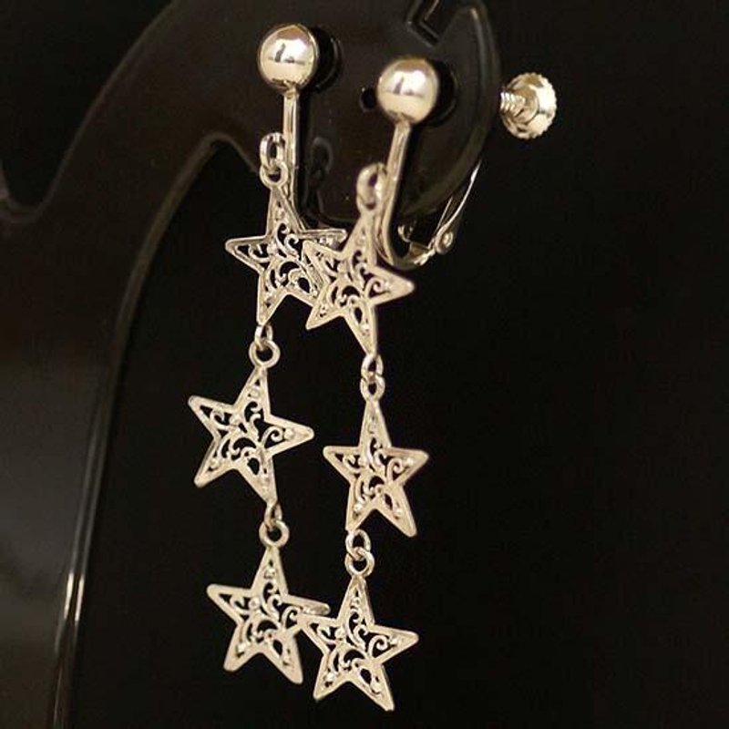 Three-star arabesque Clip-On[Free Shipping] Silver Silver Star Arabesque Tribal - 耳环/耳夹 - 其他金属 银色