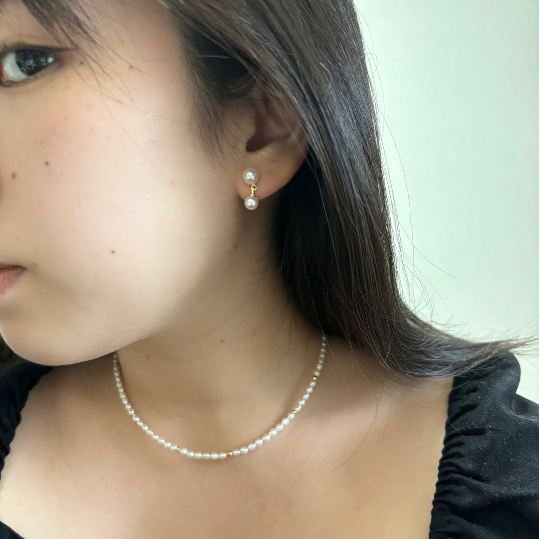 双珠小夜曲 日 Akoya 海水珍珠耳环 近无瑕 14KGF 耳针 - 耳环/耳夹 - 珍珠 白色