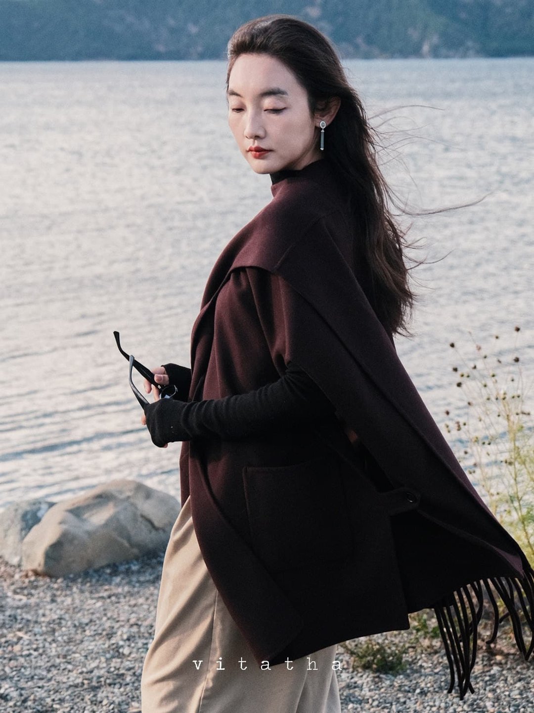 葡萄紫 超松弛羊绒澳毛围巾大衣 - 女装休闲/机能外套 - 羊毛 紫色