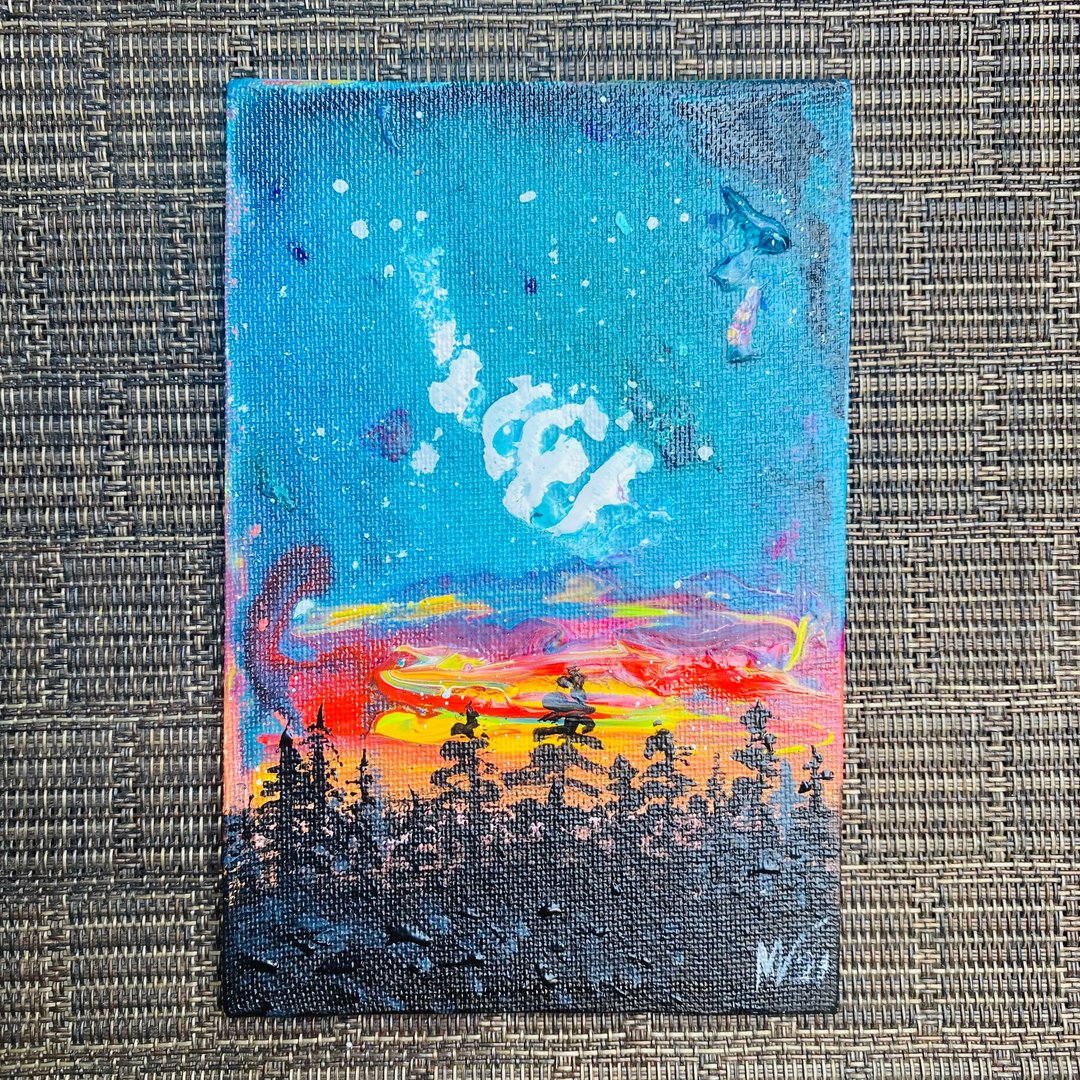 Northern Lights Painting Pine Tree Original Art Canvas Painting Fluid Artwork - 墙贴/壁贴 - 其他材质 多色