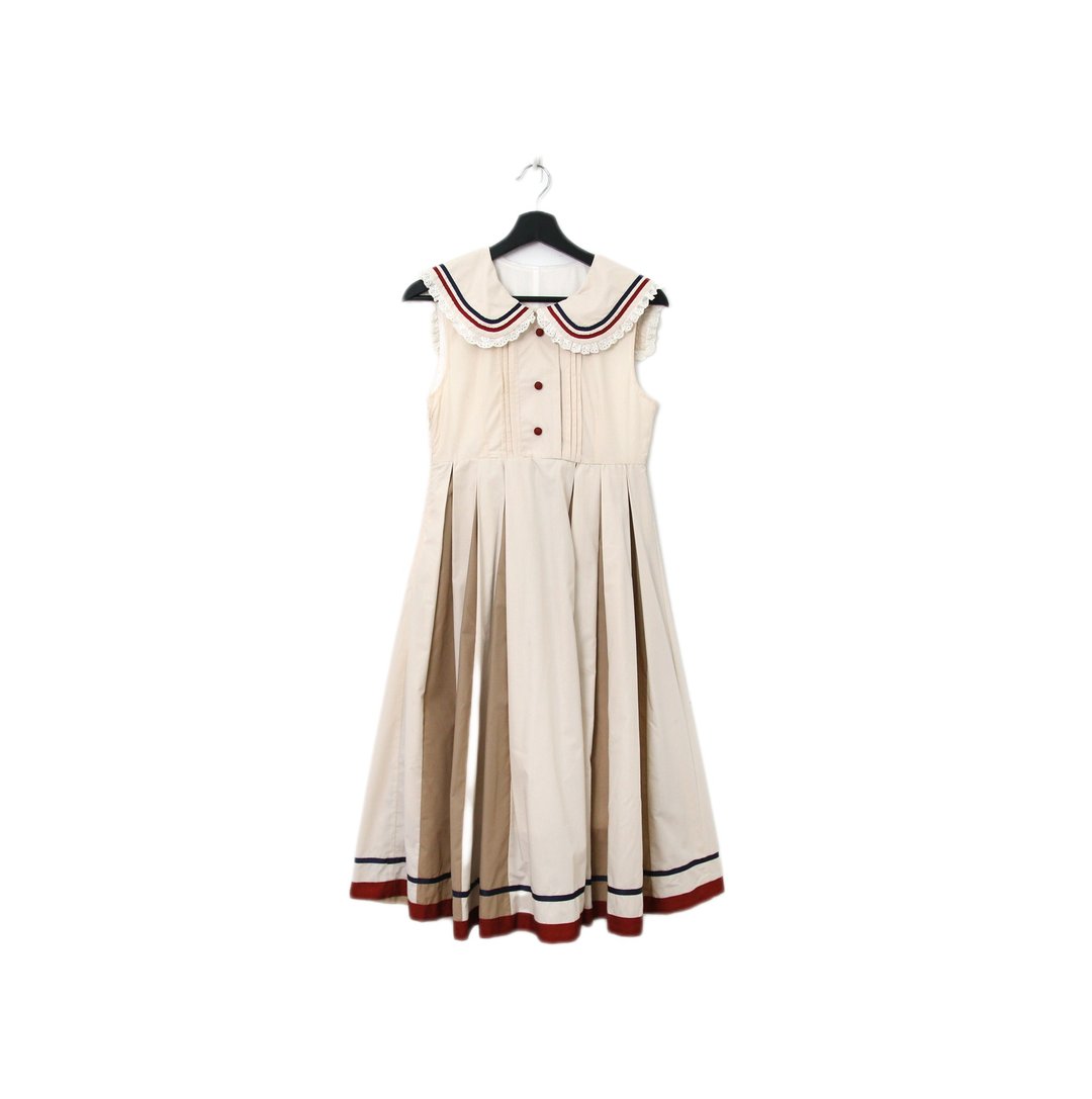 Back to Green-复古长洋装 海军领 卡其百褶 Ls-03/vintage dress - 洋装/连衣裙 - 棉．麻 