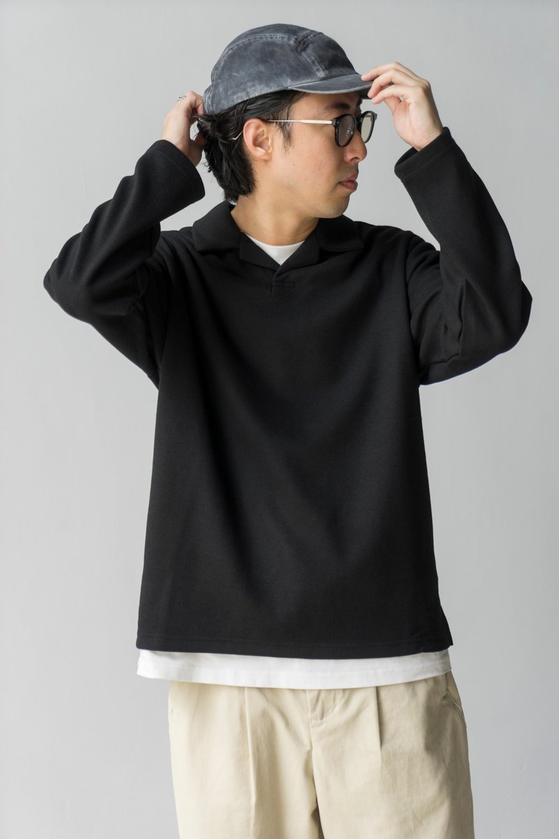 KINT 秋冬保暖單品 針織古巴翻領長袖復古重磅V領Polo衫BasicWear - 男装针织衫/毛衣 - 聚酯纤维 黑色