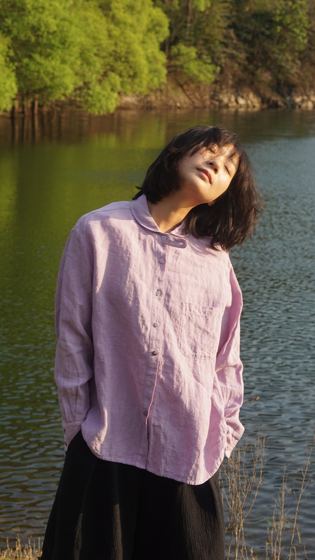 小青果领纯亚麻洗水衬衫 - 女装衬衫 - 棉 紫色