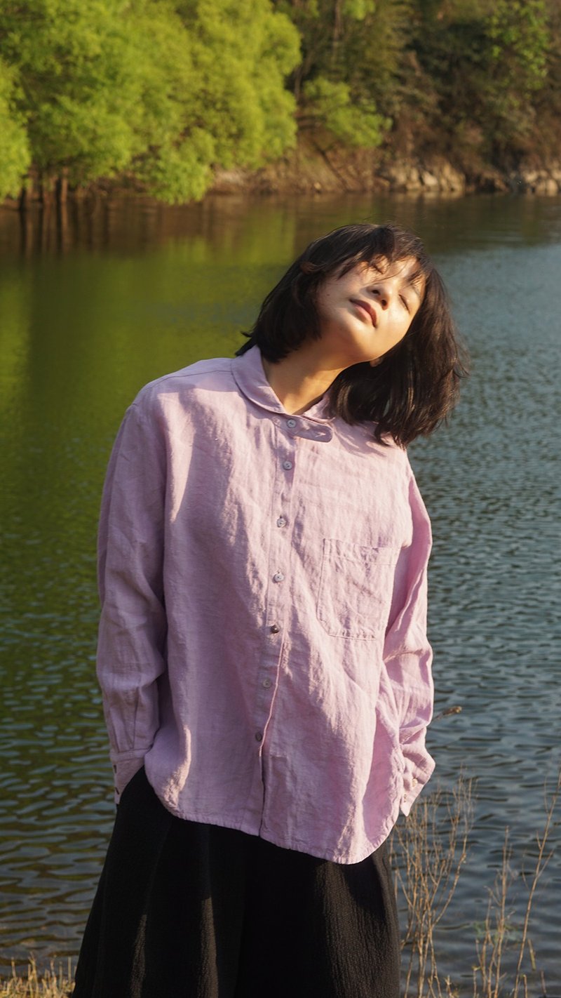 小青果领纯亚麻洗水衬衫 - 女装衬衫 - 棉 紫色
