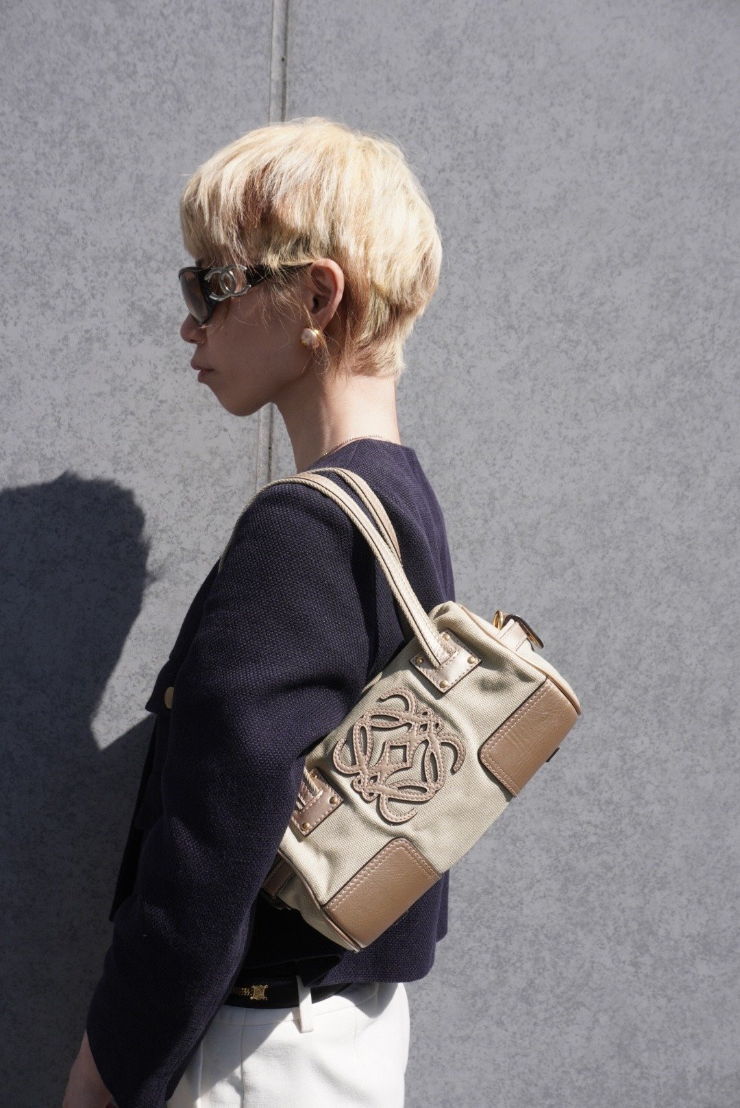 【日本直送 名牌中古包】LOEWE 罗威 经典 Anagram 帆布迷你波士顿包 米白 vintage mym6vr - 手提包/手提袋 - 棉 咖啡色