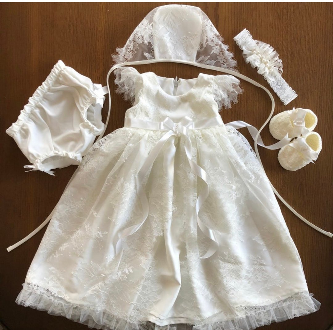 Ivory clothing set for baby girl: dress, bonnet, headband, panties and shoes. - 童装礼服/连衣裙 - 其他材质 