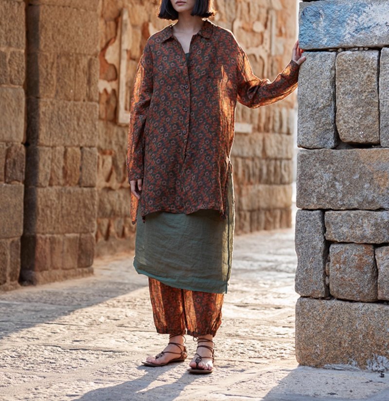 复古文青 亚麻印花植物染长裤 - 女装长裤 - 其他材质 红色