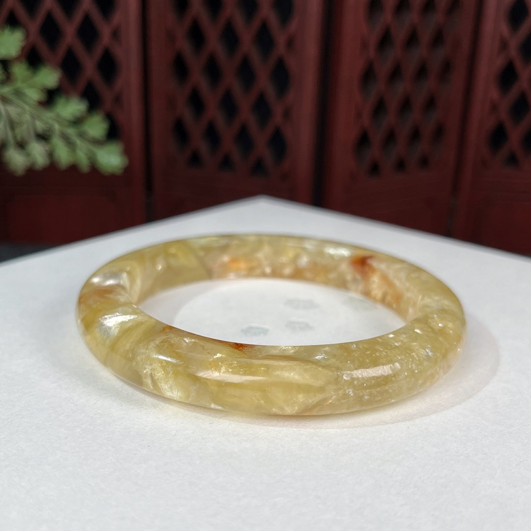 超稀有黄金锂云母手镯57MM 星光闪片祖母晶手环 金光闪耀招财助运 - 手链/手环 - 半宝石 黄色