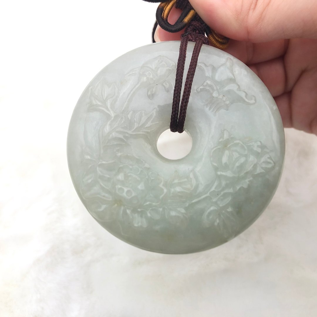 福至花开大平安扣-缅甸A翡翠糯底吊坠手把件摆件纸镇/送礼/老师 - 摆饰 - 玉石 白色