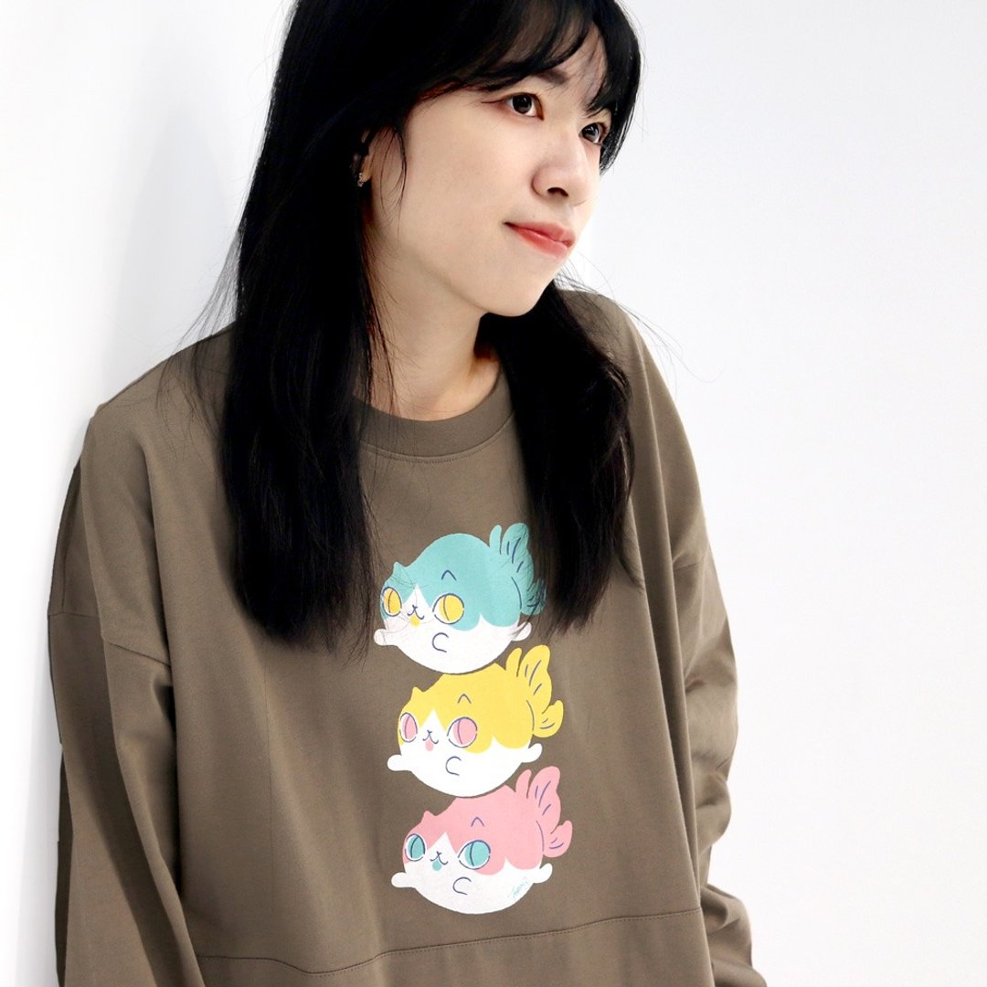 飞飞 - 金鱼喵中性长袖 猫 one size - 女装上衣 - 棉 咖啡色