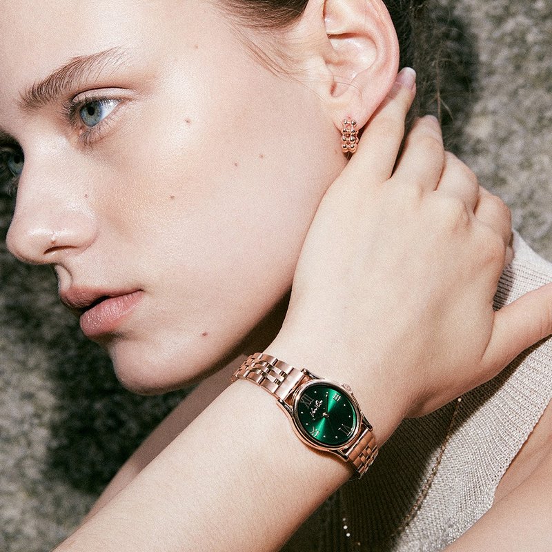 【Ven & Qu】Gem 玫瑰金祖母绿手表 – 23×27 mm 不锈钢表壳 - 女表 - 不锈钢 绿色