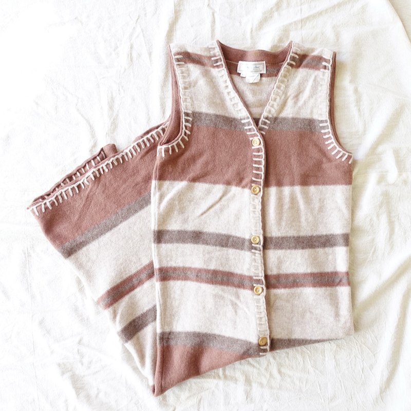 BajuTua /古着/ 米色系条纹长版羔羊毛背心 - 女装针织衫/毛衣 - 羊毛 卡其色