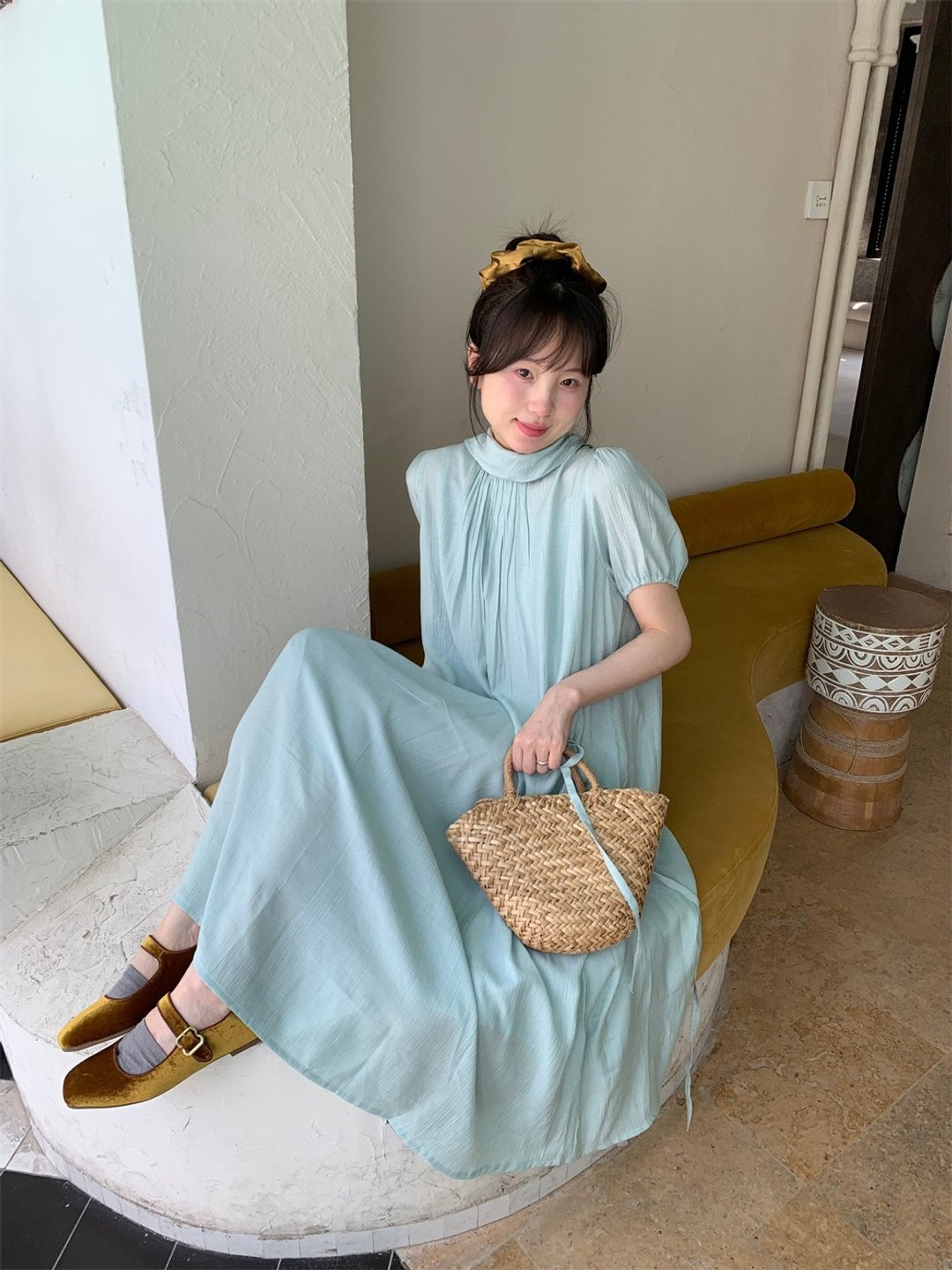 慵懒日系大袍子 连衣裙翻领洋服 宽松薄荷绿紫色长款 - 洋装/连衣裙 - 棉 
