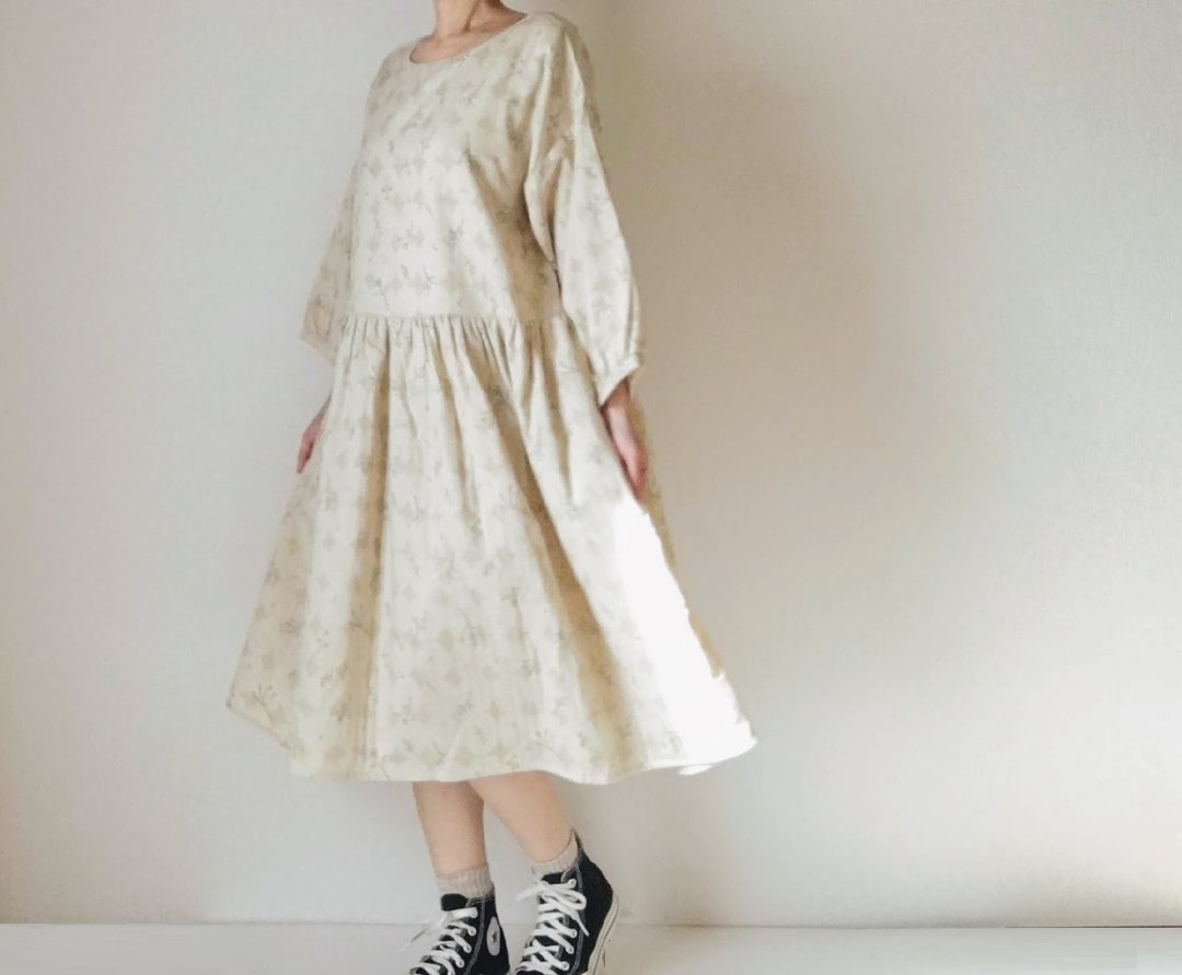 Gathers grass gather one piece dress double gauze fabric beige - 洋装/连衣裙 - 棉 白色