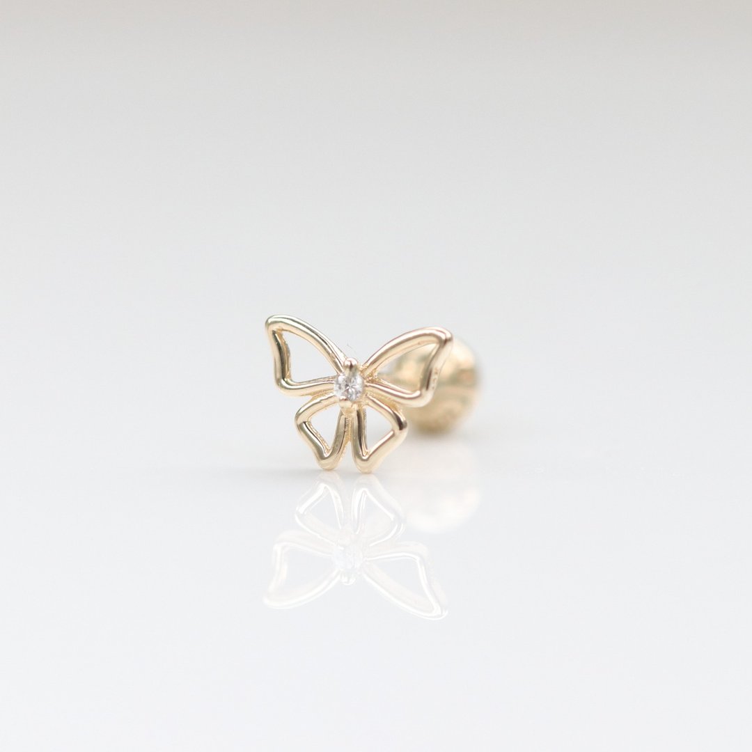 14K 金篓空蝴蝶锁珠耳环 (单个)耳骨 耳窝 不退色 - 耳环/耳夹 - 贵金属 金色