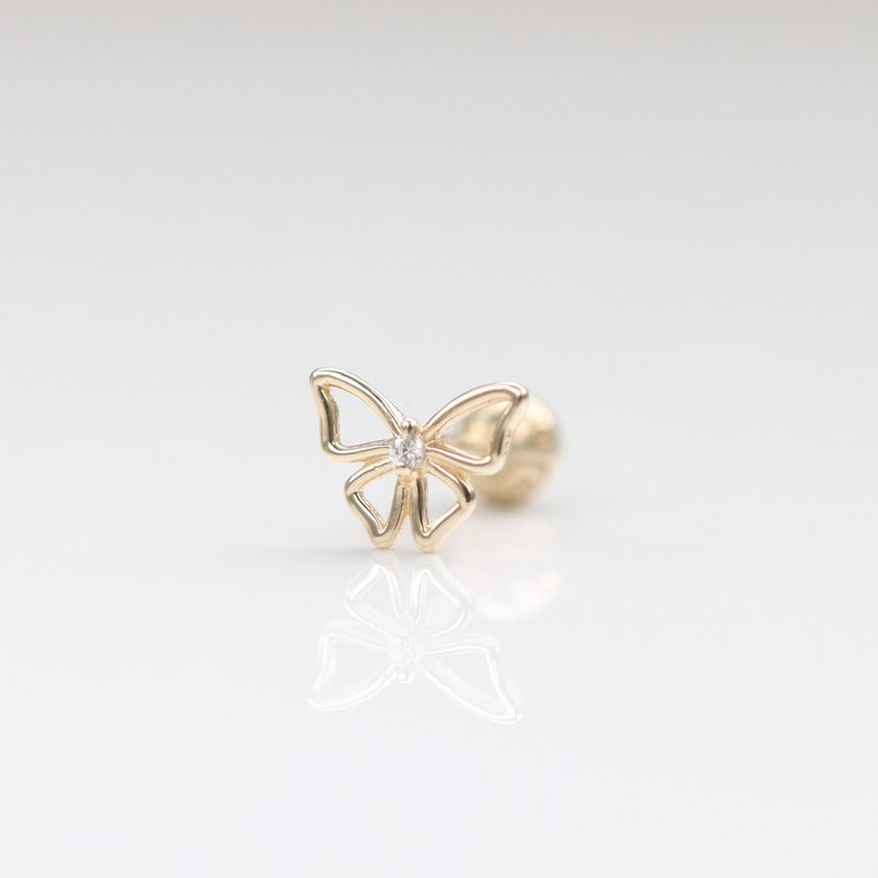 14K 金篓空蝴蝶锁珠耳环 (单个)耳骨 耳窝 不退色 - 耳环/耳夹 - 贵金属 金色