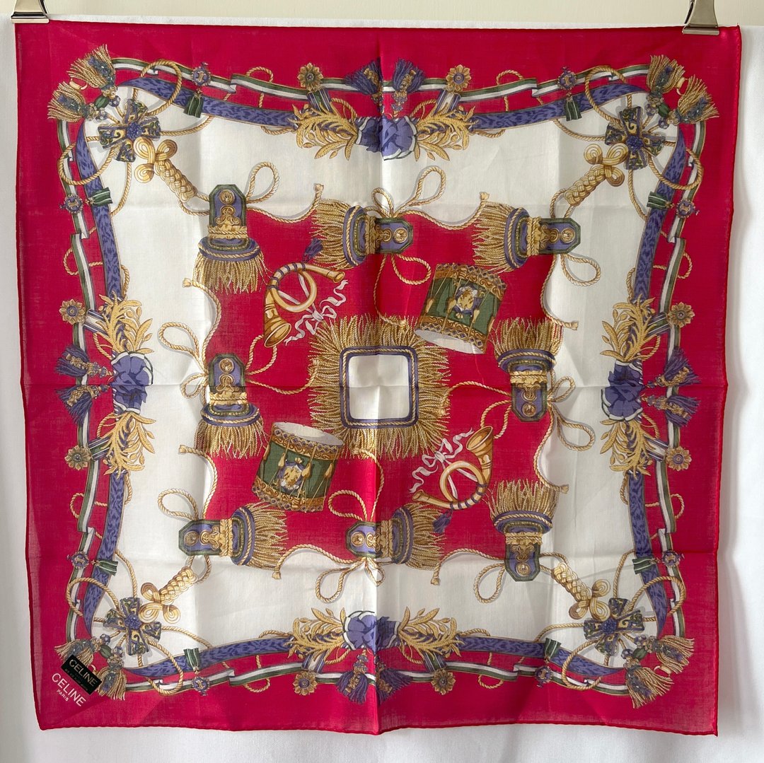 Celine scarf乐器蝴蝶结绵质围巾方巾丝巾 全新连贴纸 日本中古 - 丝巾 - 棉 红色