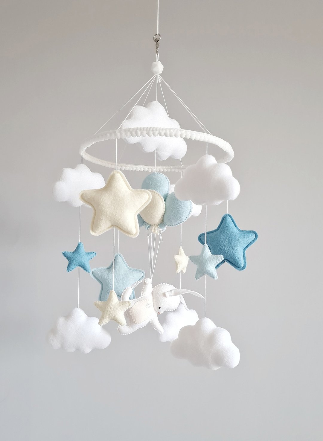 Bunny felt mobile, Blue nursery mobile, Hare balloons baby mobile, Star decor - 玩具/玩偶 - 其他材质 蓝色