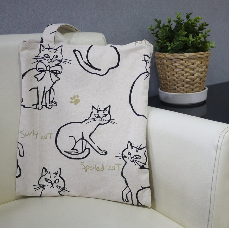 2019 交换礼物 首选双面文青提背两用袋(白猫) - 手提包/手提袋 - 棉．麻 白色