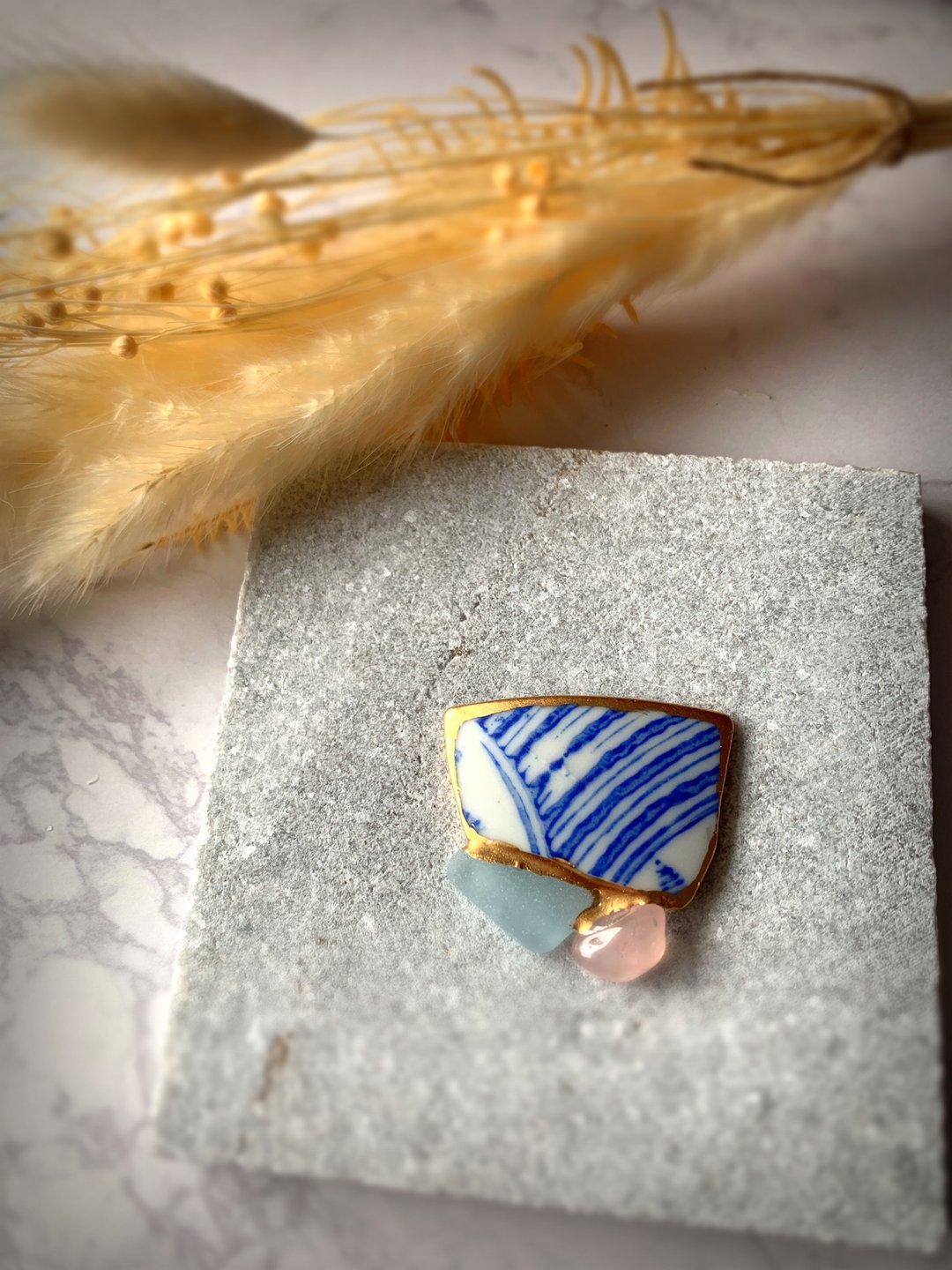 Japanese Modern Kintsugi Sea Pottery Pony Hook Hair Elastic Seagrass Natural Stone Pink Epitome Light Blue Blue White White Pink Gold Gold Brown - 发饰 - 陶 白色