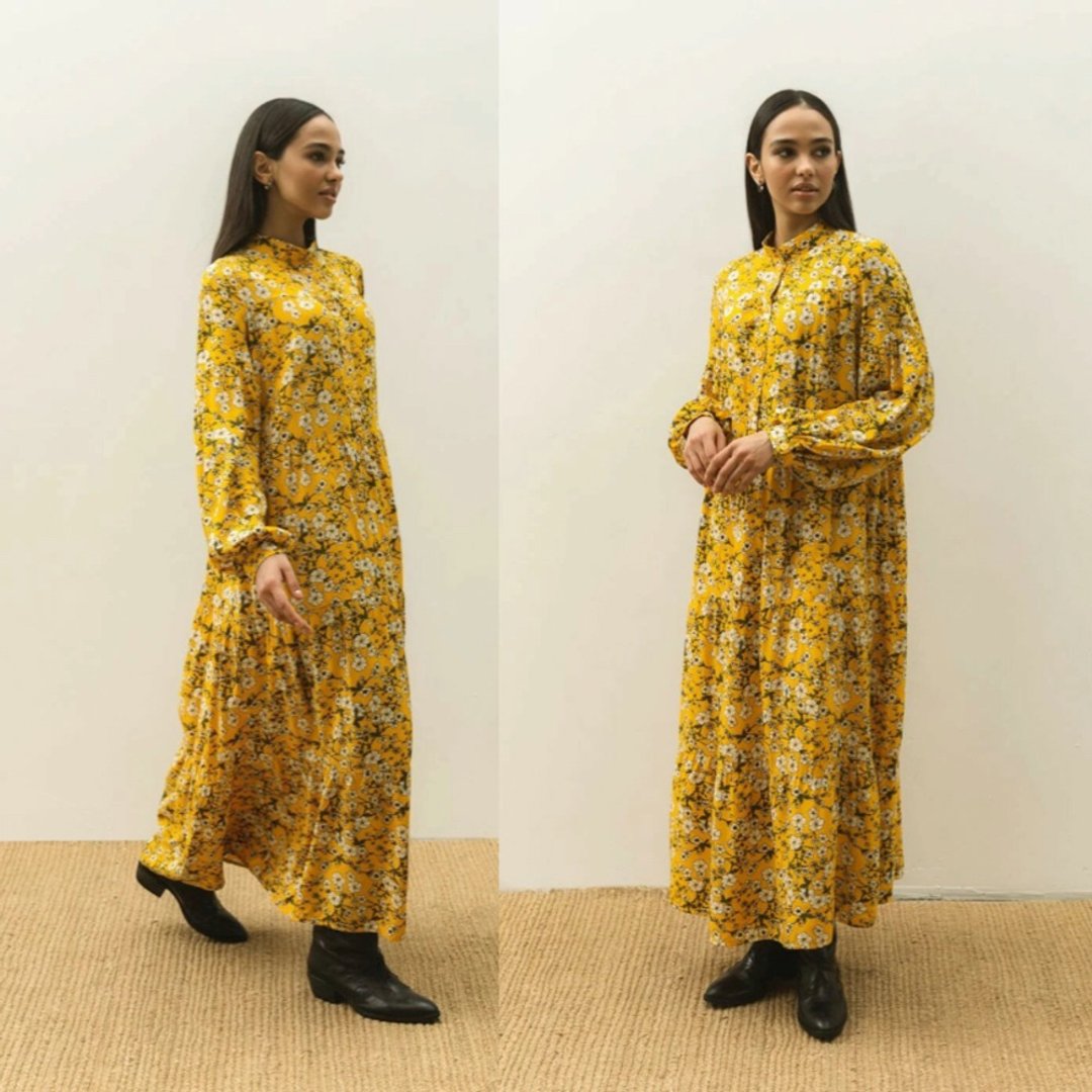 Yellow Dress Breathable Dress Spring Summer Fashion Women Long Dress - 洋装/连衣裙 - 棉 黄色