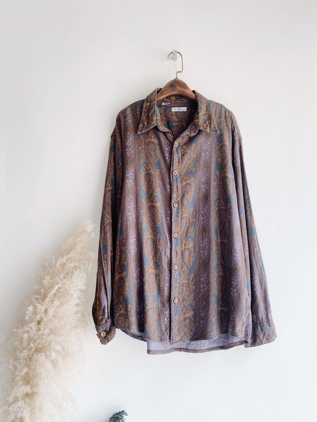 卡其灰褐满版华丽图腾 古着丝混棉衬衫上衣 vintage Shirt - 女装衬衫 - 棉 咖啡色