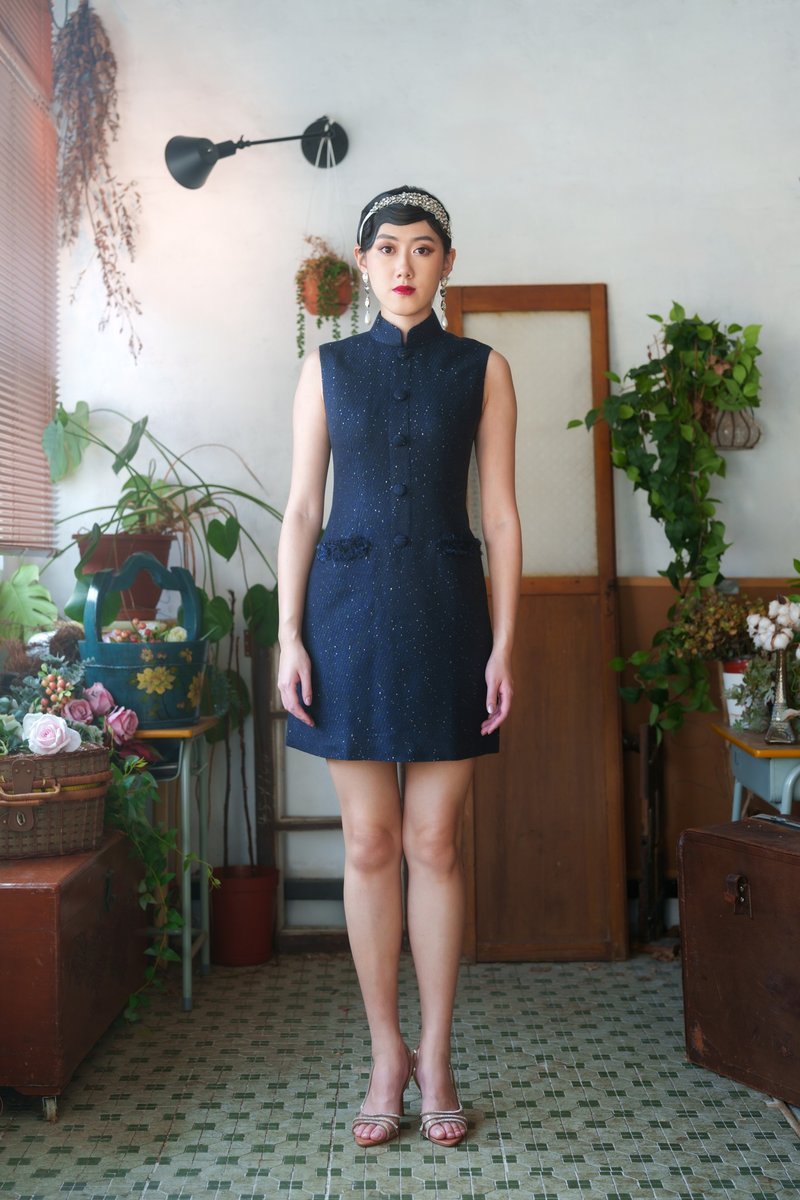 无袖花迷你短裙(深蓝色)|上班衣着|香港设计|小香风|经典 - 旗袍 - 其他材质 蓝色