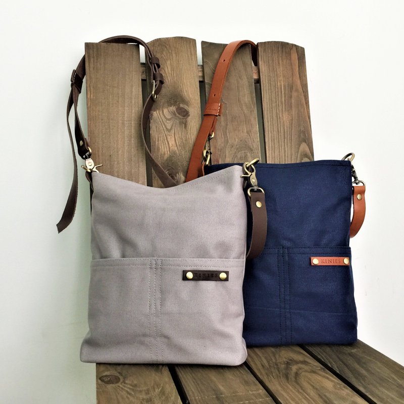 CROSS BODY SLING BAG WITH GENUINE LEATHER STRAP - 手提包/手提袋 - 棉．麻 咖啡色