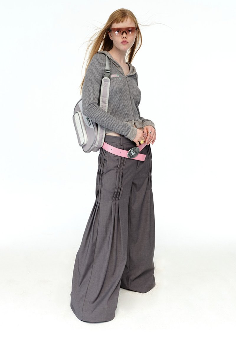 Y2K必備 高級灰 褶皱低腰宽鬆拖地長裤 - 女装长裤 - 其他材质 灰色