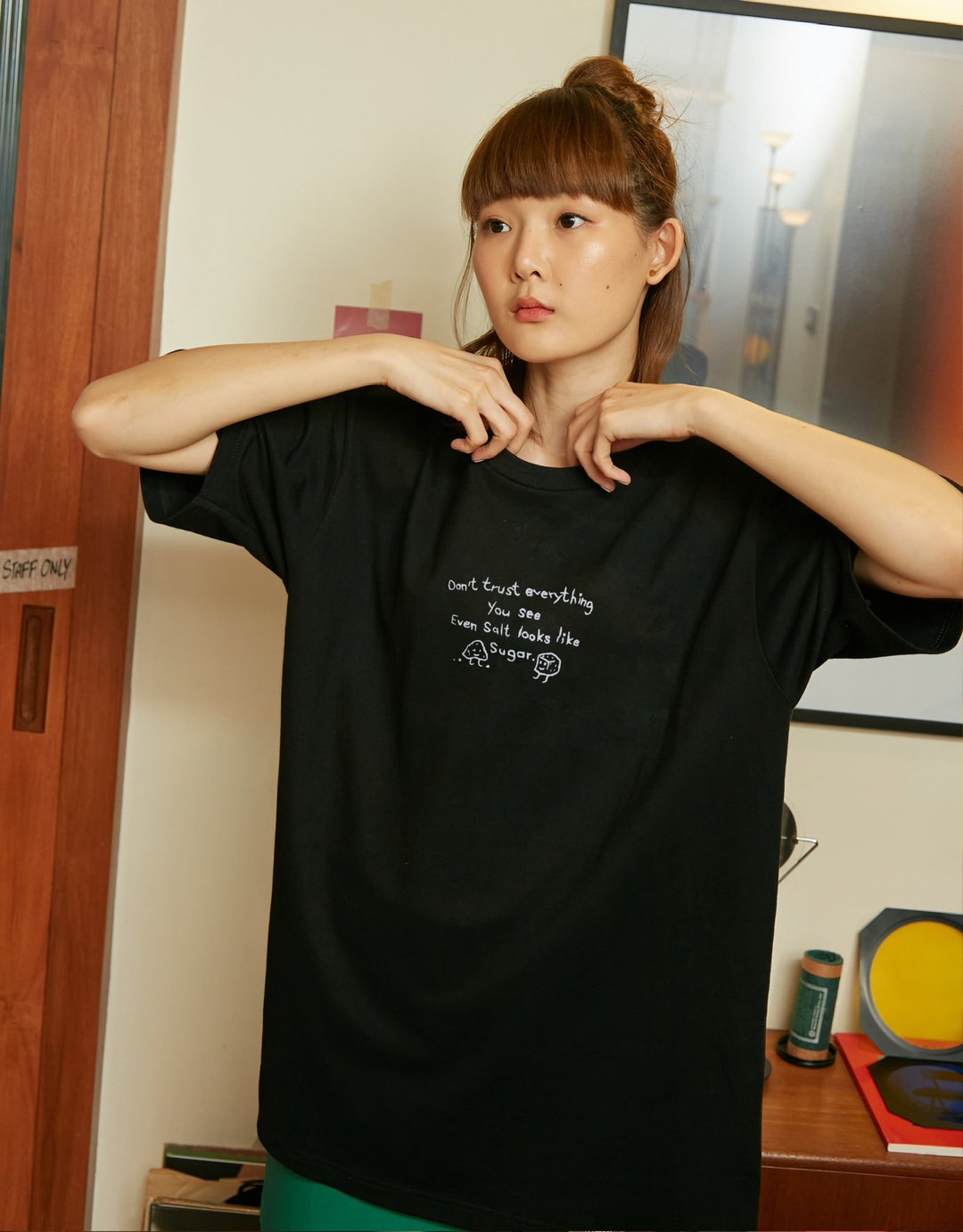 Salt and Sugar T恤 手工刺绣 Logo Unisex Oversize - 中性连帽卫衣/T 恤 - 棉 黑色