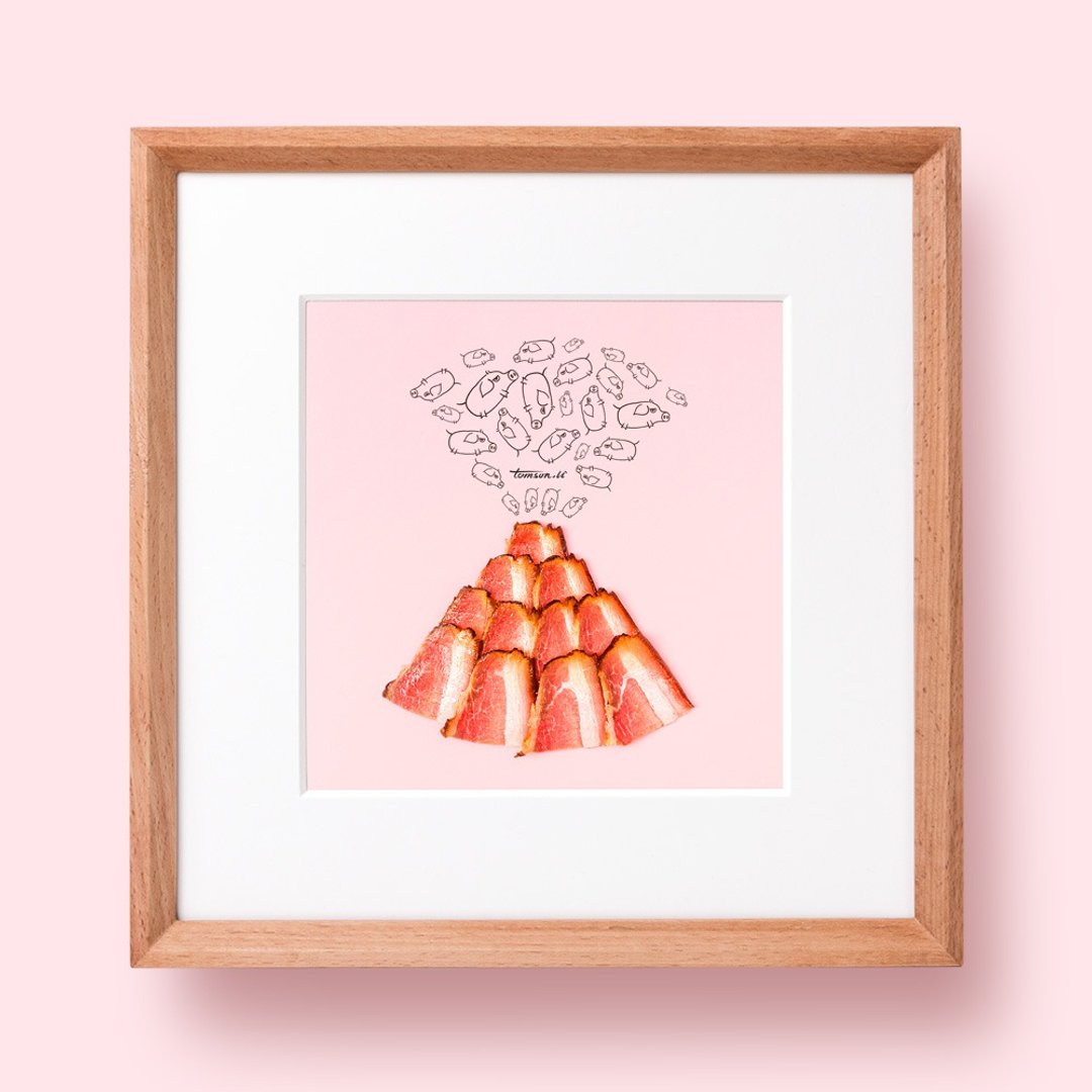 火山与火腿 | 原创插画 装饰画 艺术微喷 榫卯画框 传统美食腊肉 - 海报/装饰画/版画 - 木头 