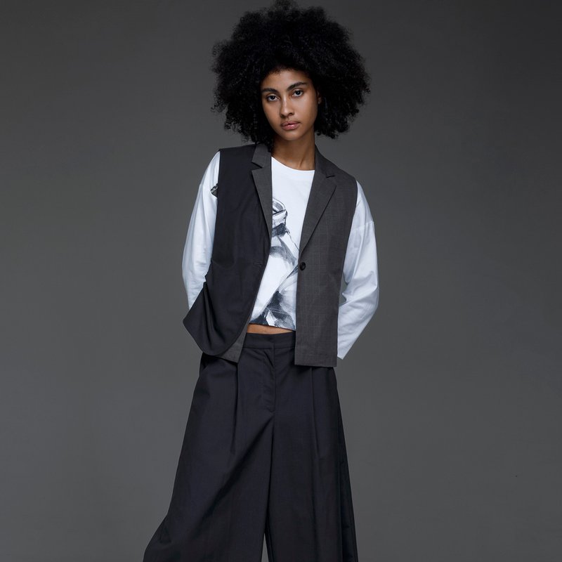 单侧抓褶拼接西装背心 - 女装背心 - 羊毛 灰色