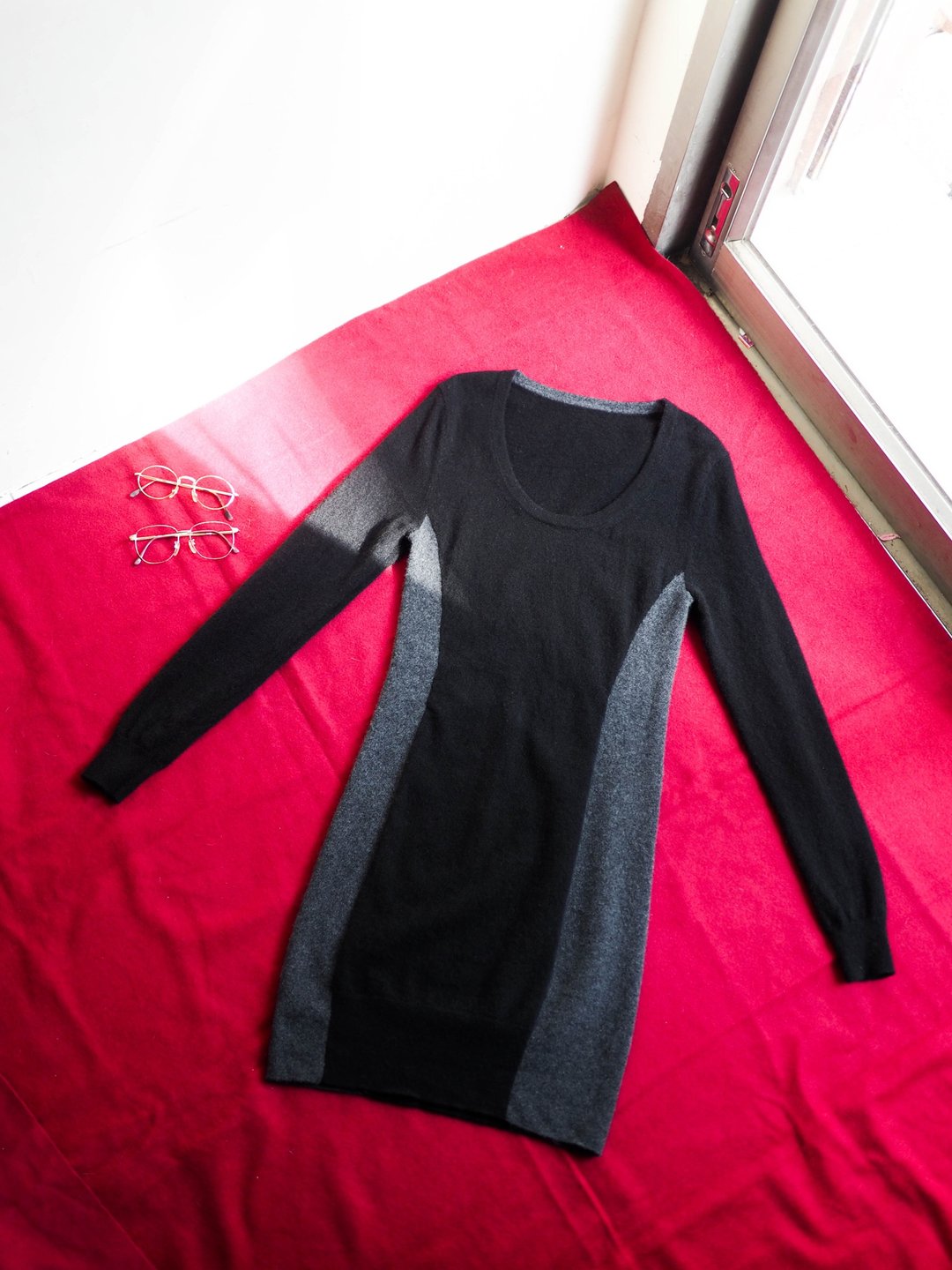 墨黑X浅灰暖暖双色 喀什米尔羊绒毛衣洋装连衣裙cashmere sweater - 女装针织衫/毛衣 - 羊毛 黑色