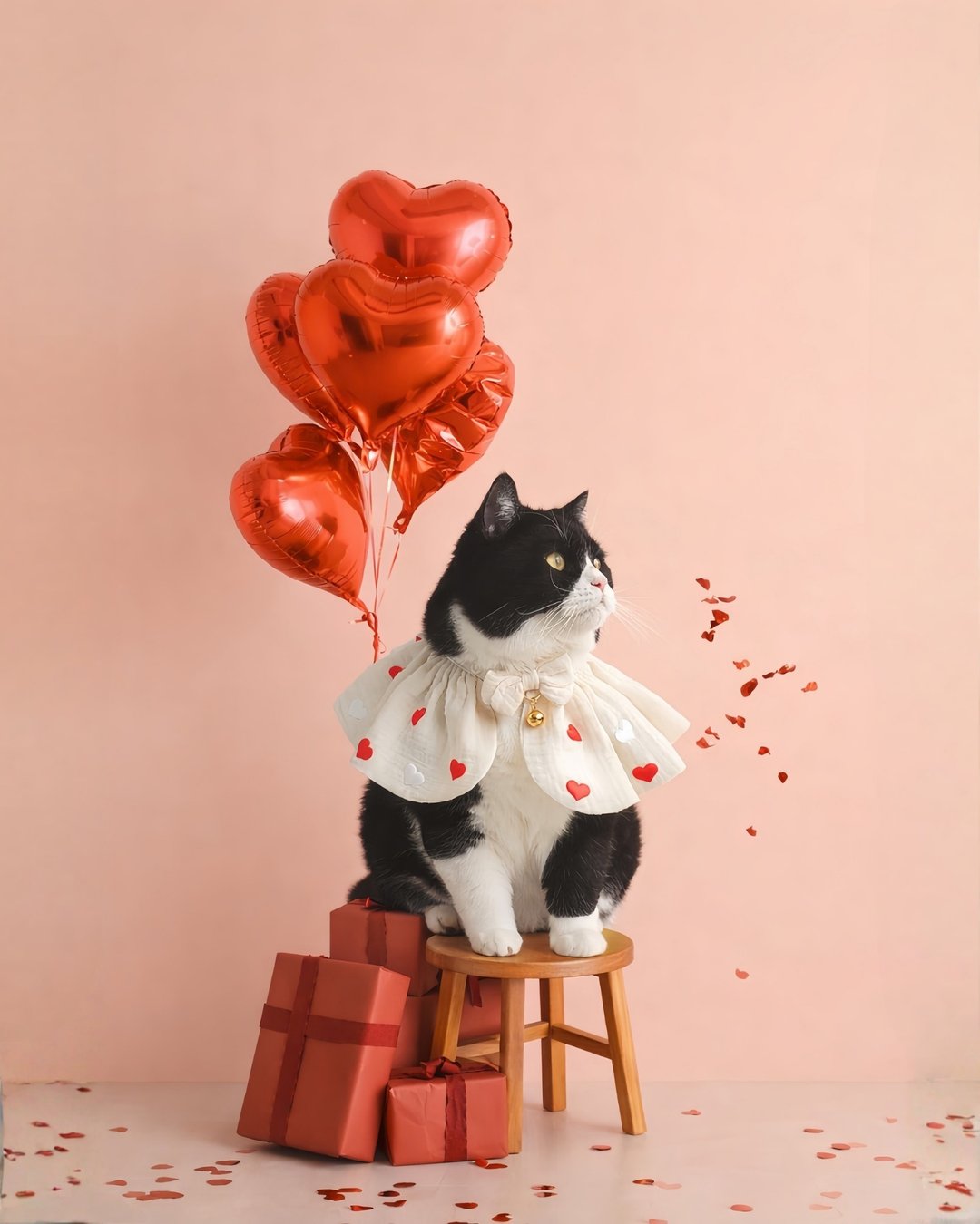 Heart Sprinkle 猫咪爱心装饰披肩，附铃铛，情人节主题。 - 项圈/牵绳 - 棉．麻 多色