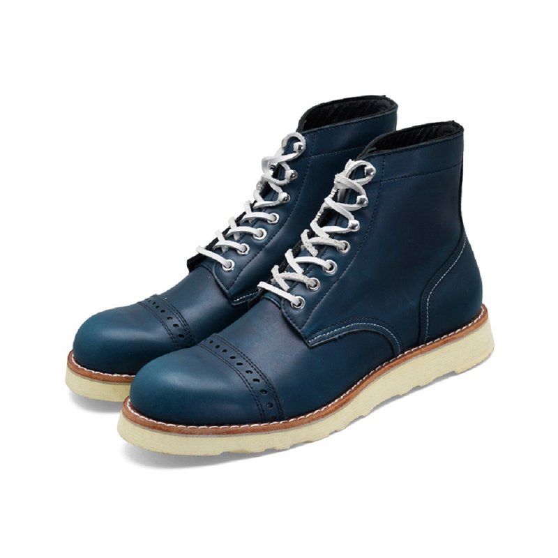 手工制作 真皮油蜡皮 高帮伞兵靴 复古 马丁靴 - 男款靴子 - 聚酯纤维 蓝色