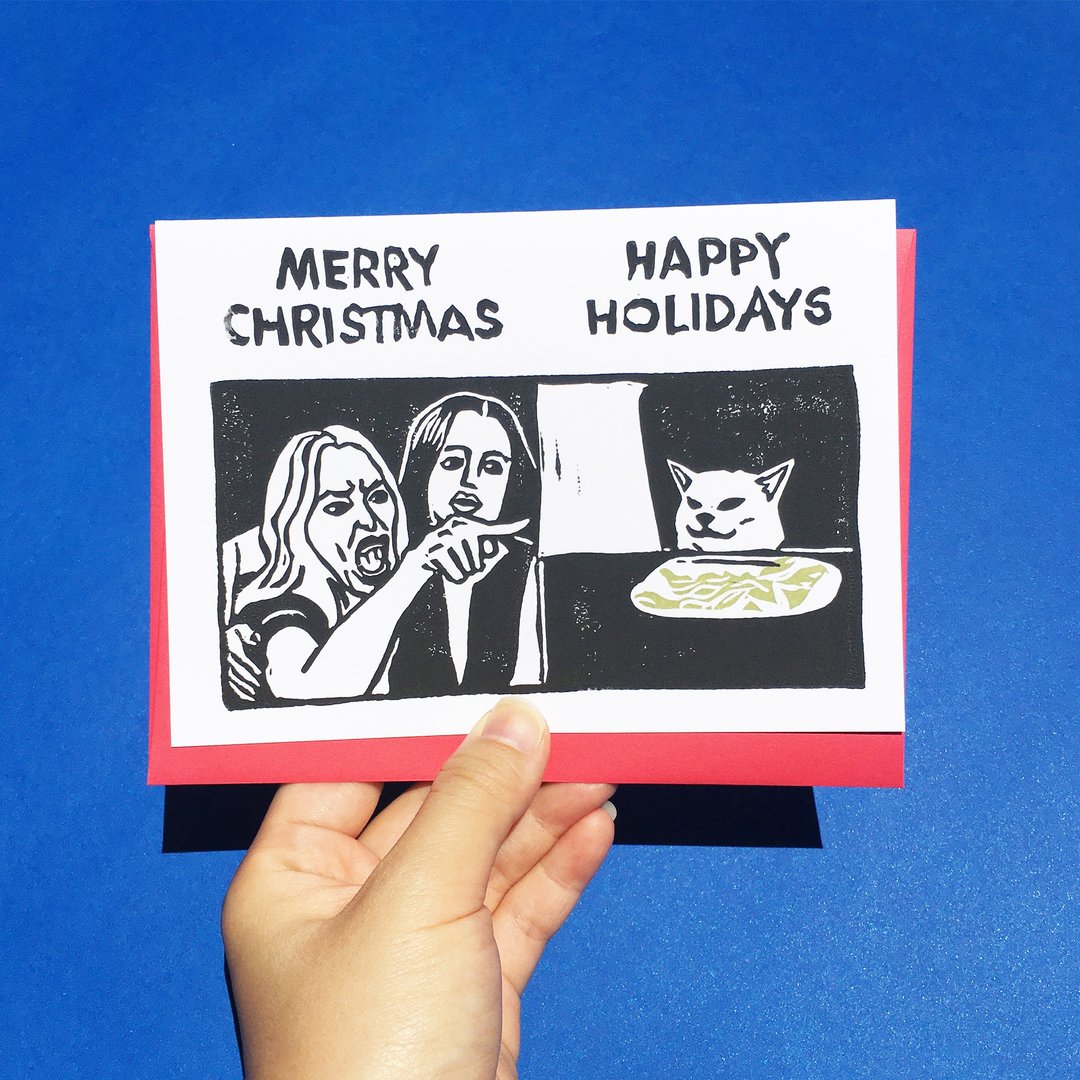 Hand-printed card - Angry Woman vs Cat Merry Christmas vs Happy Holidays - 卡片/明信片 - 纸 