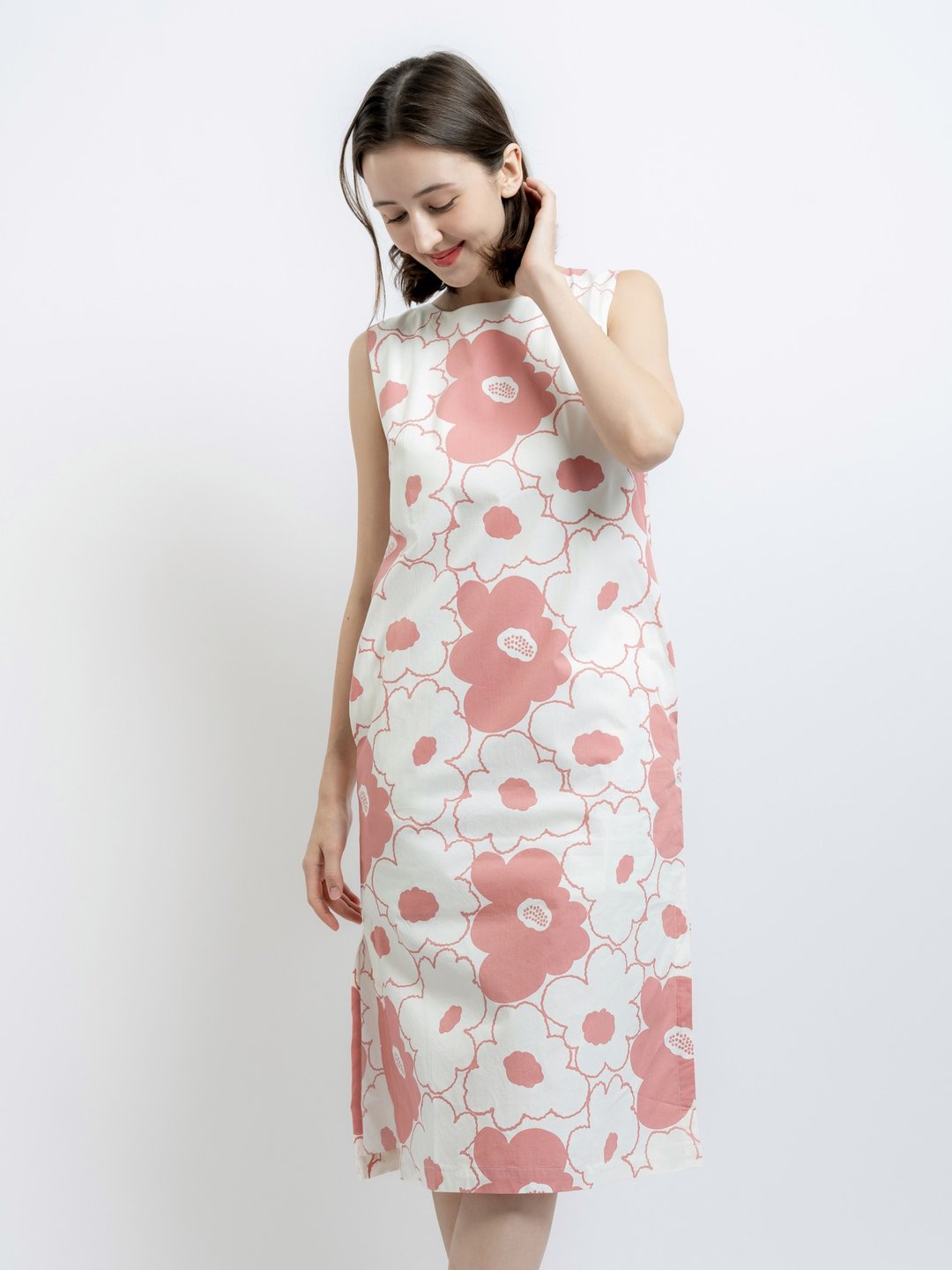 BIRUCHU 粉红色棉质印花长洋装 PINK HANA DRESS - 无袖长洋装，粉色花卉图案 - 洋装/连衣裙 - 棉 粉红色