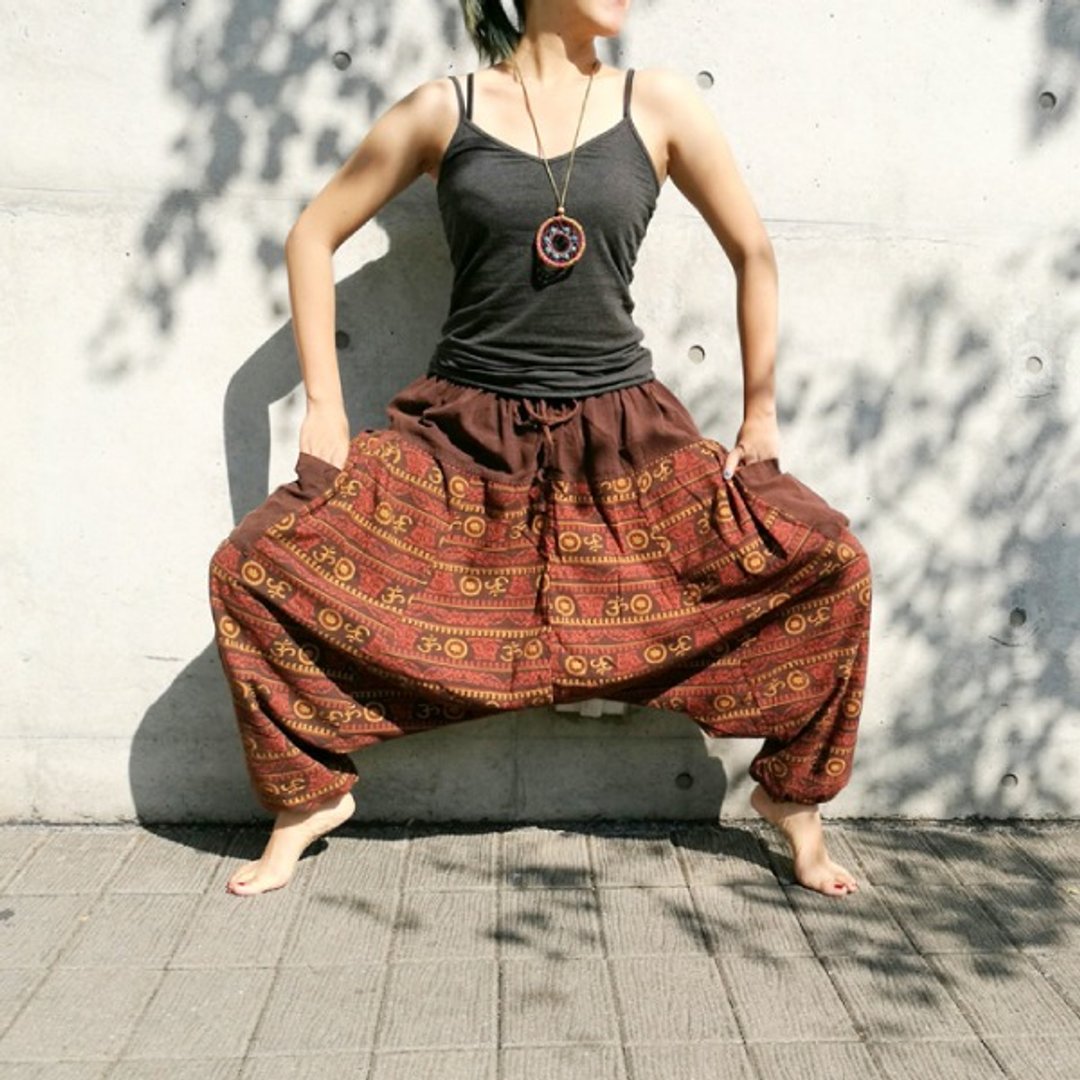 阿里巴巴褲 梵文圖騰(棉麻石洗)(男褲女褲)(夕陽褐) Alibaba Pants - 女装长裤 - 棉 橘色