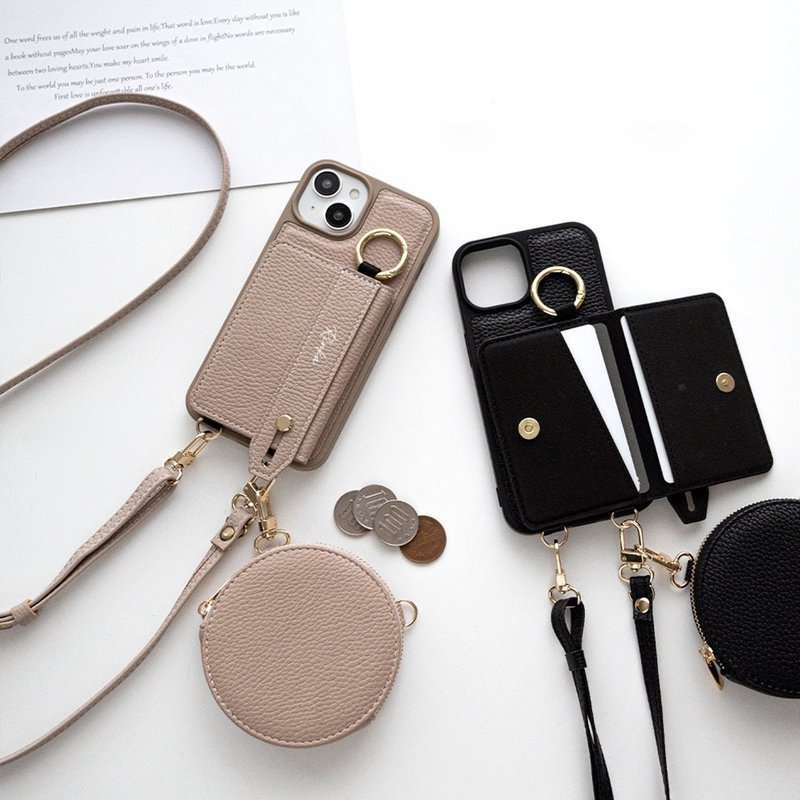 福袋 附小收纳包・挂绳 款式手机壳 【 附挂绳 双折卡套 名入れ 】 手机挂绳 JE16U - 手机壳/手机套 - 真皮 咖啡色