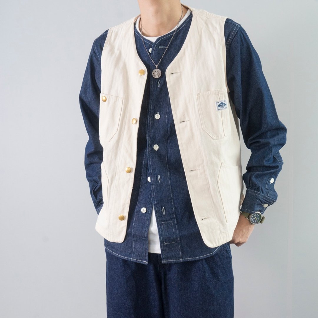 人字纹工装乳白色马甲 复古叠穿内搭背心 Work Vest - 男装背心 - 棉 白色