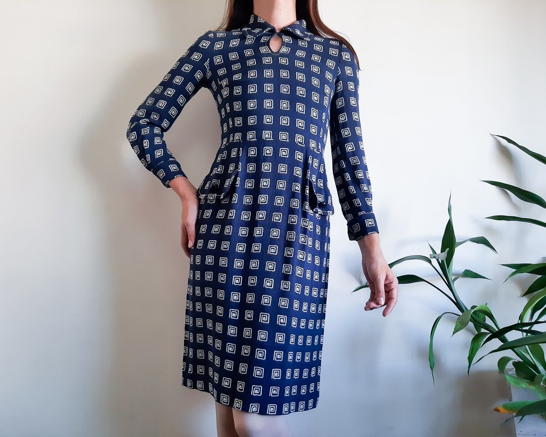 PIERRE BALMAIN 复古 70 年代抽象连衣裙梭织面料长袖连衣裙尺寸 - 洋装/连衣裙 - 棉 蓝色