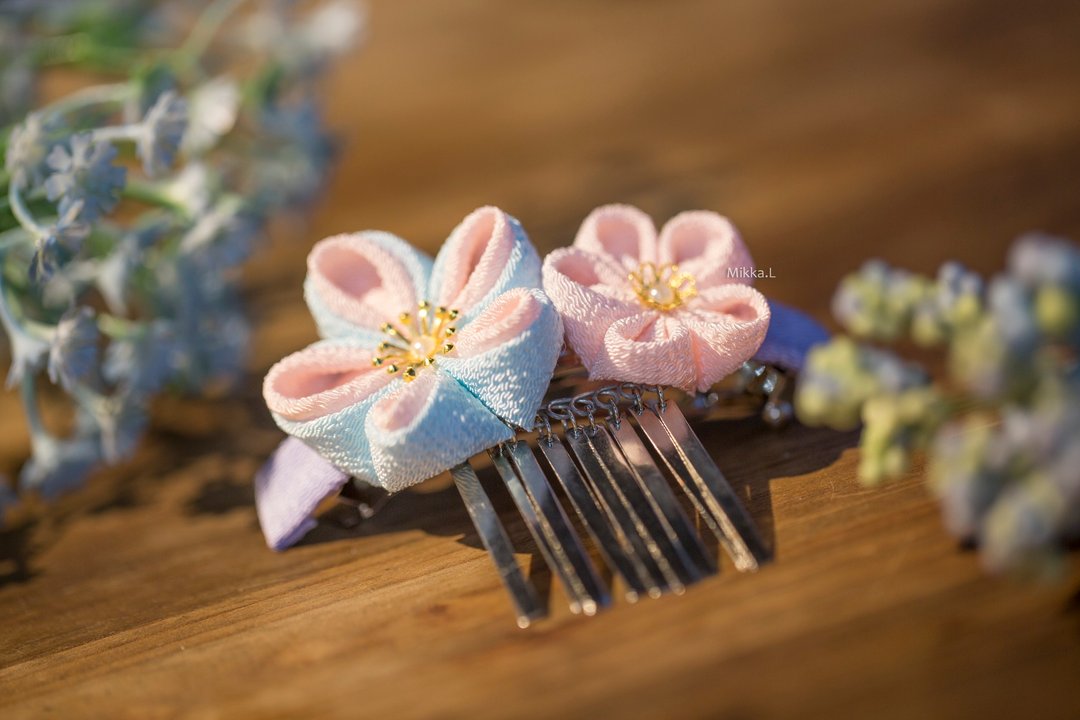自家染色日本绉布 x 粉蓝色系 梅花双层 金属流苏 弧形发夹 - 发饰 - 棉 粉红色
