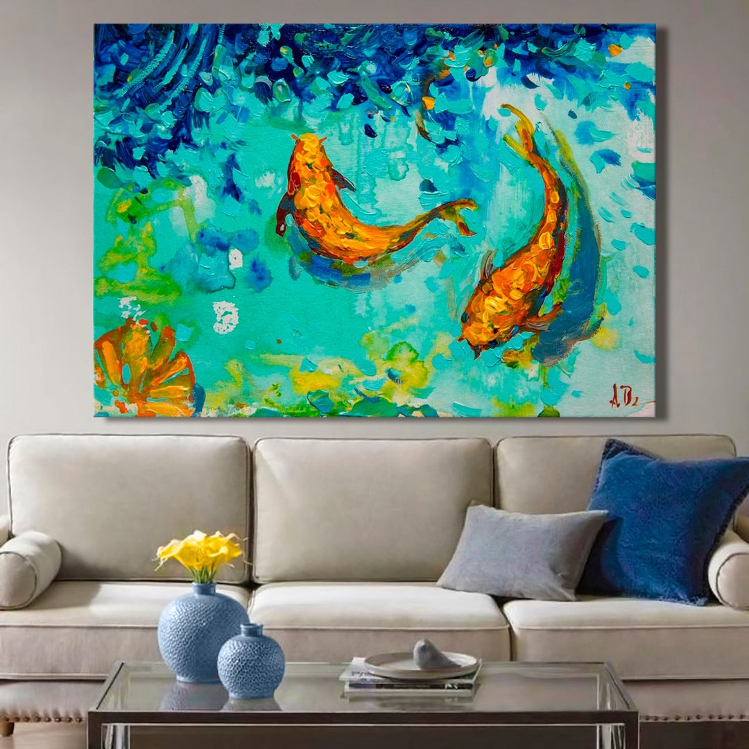 Gold Koi Fish Peaceful Abstract Water Original Oil Acrylic Painting Wall Decor - 海报/装饰画/版画 - 亚麻 金色