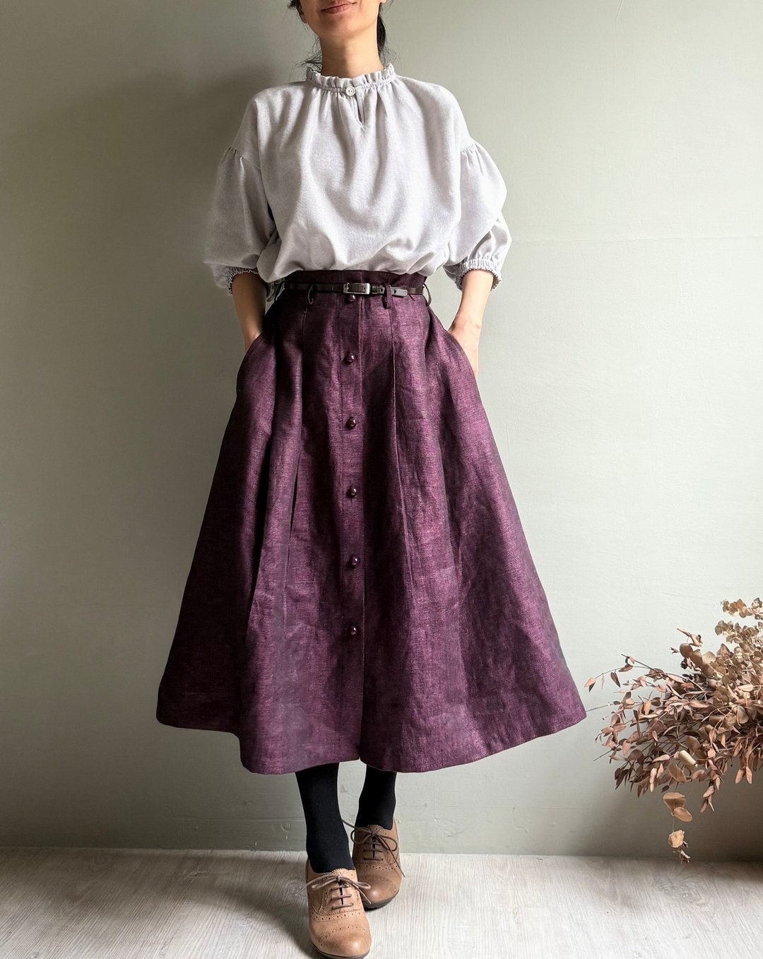 樱花女神/神秘紫高腰开扣折子中长裙/不含腰带100%Linen - 裙子 - 棉 紫色