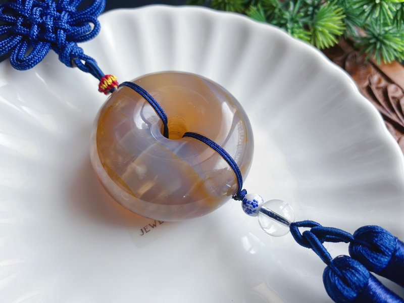 【售出】樱花玛瑙 平安扣 蚕丝厚庄 中国结 包挂 礼物 手持 车挂 - 挂绳/吊绳 - 水晶 蓝色