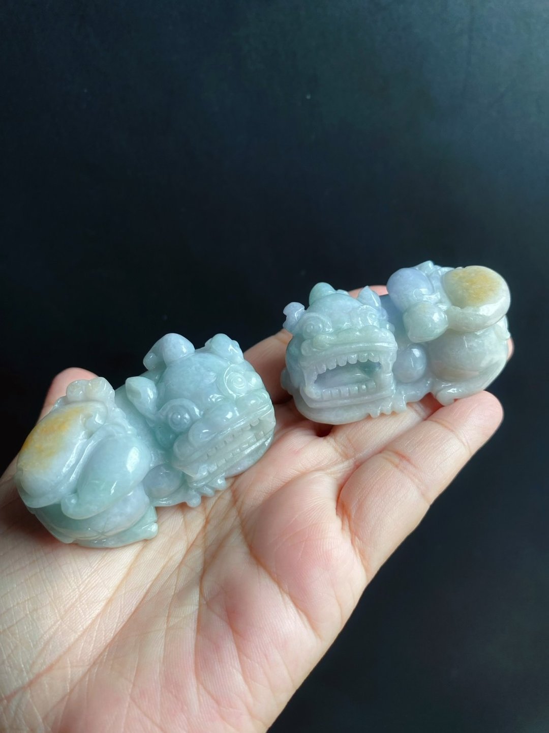 仅此一对 天然缅甸玉 黄翡 翡翠 大貔貅 公母成对 礼物 小摆件 - 摆饰 - 玉石 绿色